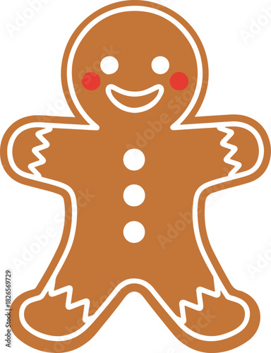A simple flat vector illustration of a cute gingerbread man cookie with a happy smile, red cheeks, and white icing buttons,