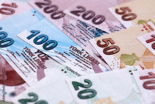 Fototapeta Naklejka Na Ścianę i Meble -  Turkish Liras currency money bills. TRY currency banknotes in pile with different denomination close up
