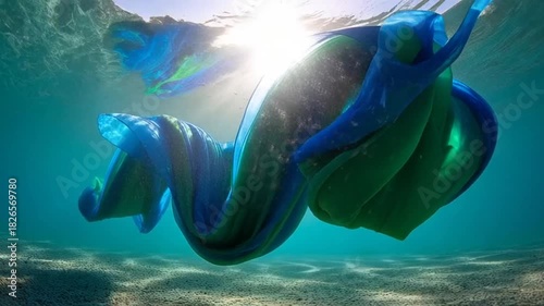 Underwater Dance: Flowing Fabric in Ocean Depths, Sunlit Serenity