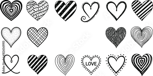 Artistic heart silhouette set with patterns, stripes, swirls, scribbles, concentric lines, love symbols, and romantic decoration