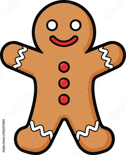 A simple flat vector illustration of a classic gingerbread man cookie featuring a bold black outline, red buttons, and white icing details, 