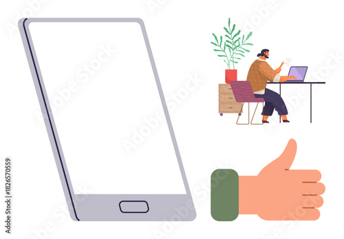 Large blank tablet next to a remote worker at a desk with laptop and plant. Thumbs-up hand gesture expresses approval. Ideal for communication, technology, remote work, approval, productivity