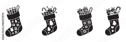 Set of Christmas stockings with gifts vector illustration in black and white perfect for holiday designs and festive decorations