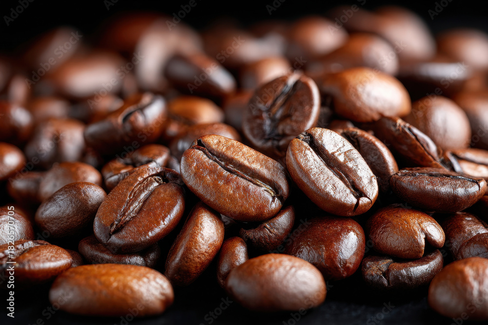 Fototapeta premium Close Up of Roasted Coffee Beans on Dark Background
