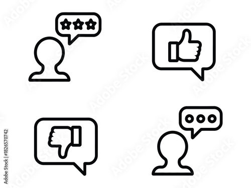 Customer satisfaction vector icons, including user feedback symbols, client review linear icons, star ratings, like and dislike signs, and customer experience evaluation graphics, suitable for web app