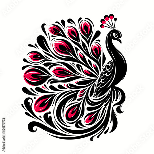 Illustration of stylized black and magenta peacock illustration with intricate tail feathers, tribal art design