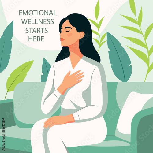 Vector illustration, woman with her hand over her heart, sitting on a sofa. Green leaves in the background. Motivational text for women's projects, psychology, mental health, well-being, mindfulness