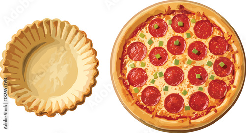 Baked pie crust, pepperoni pizza, food contrast, savory baking, golden crust, melted cheese, pizza topping, white background, culinary comparison, homemade pie, crispy edges, pizza slice,