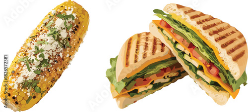 Grilled corn with cheese and herbs, panini sandwich halves, toasted bread, fresh vegetables, food texture, white background