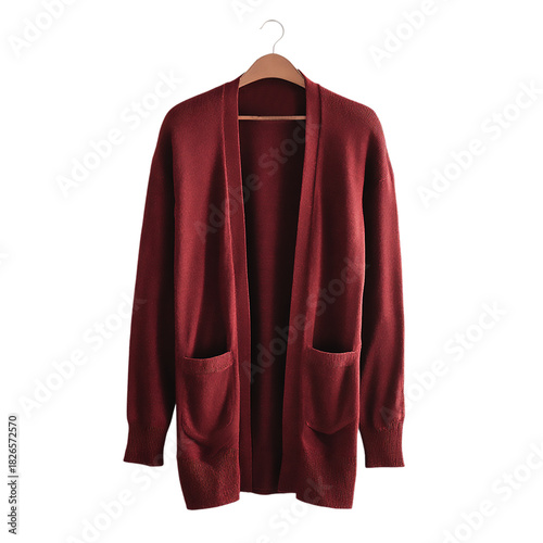 Maroon knitted cardigan sweater on wooden hanger  on a isolated on transparent background