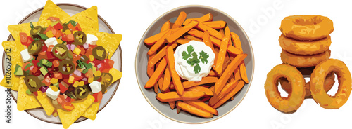 Nachos, sweet potato fries, onion rings, snack trio, appetizer plate, crispy texture, colorful toppings, white background, food styling, casual dining, party snacks, fried food, savory 