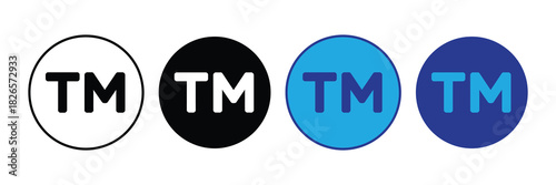Set of four trademark symbols in circles: outline, black, light blue, and dark blue, isolated on white.