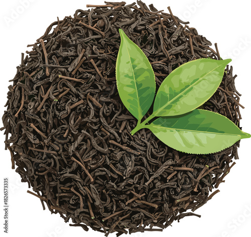 Realistic dried tea leaves and fresh green leaves, circular composition, food texture, herbal ingredient, white background