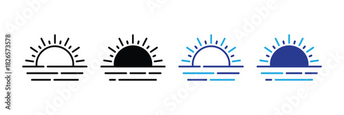 Sunrise and sunset icon set over water, abstract graphic representation of celestial event, digital art illustration, minimalistic style.