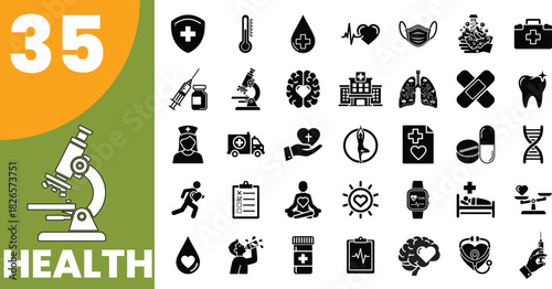 Collection of medical and healthcare icons in black silhouette