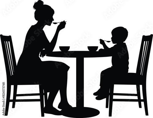 Silhouette of adult and child eating together, round table, shared meal, family moment, spoon, bowl, white background