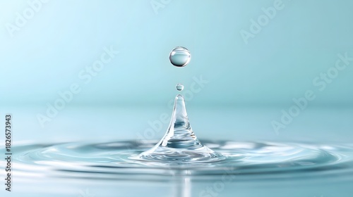 Close up of a clear water droplet impacting a tranquil liquid surface forming delicate ripples and an elegant crown splash against a soft blue background