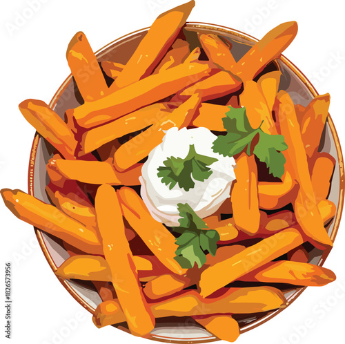 Sweet potato fries, sour cream topping, cilantro garnish, snack bowl, crispy texture, colorful food, appetizing presentation, white background