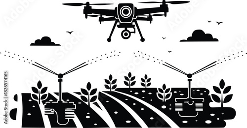 Smart Farming Silhouette with Drone and Automated Irrigation System