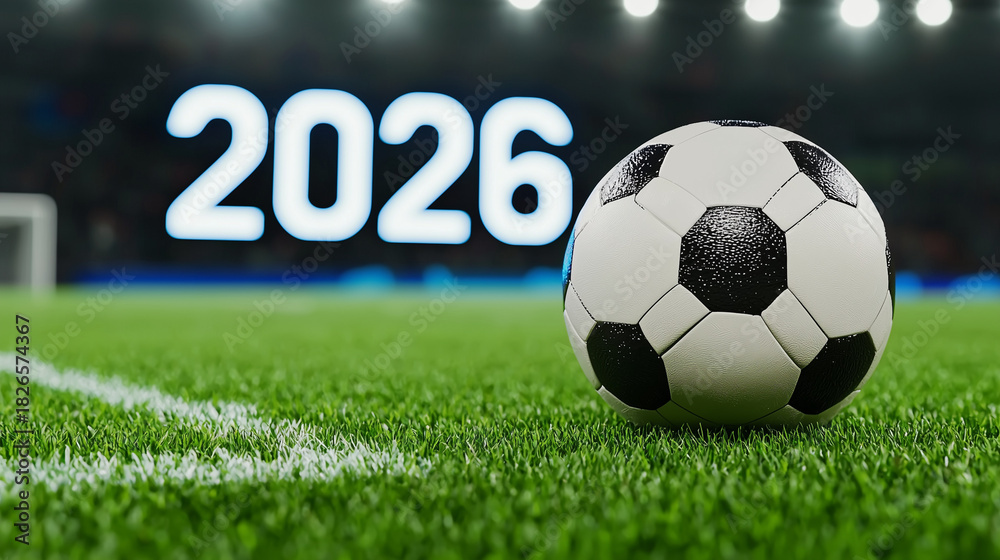 Obraz premium A black and white soccer ball on a green grass field with the numbers 2026 illuminated in bright colors.