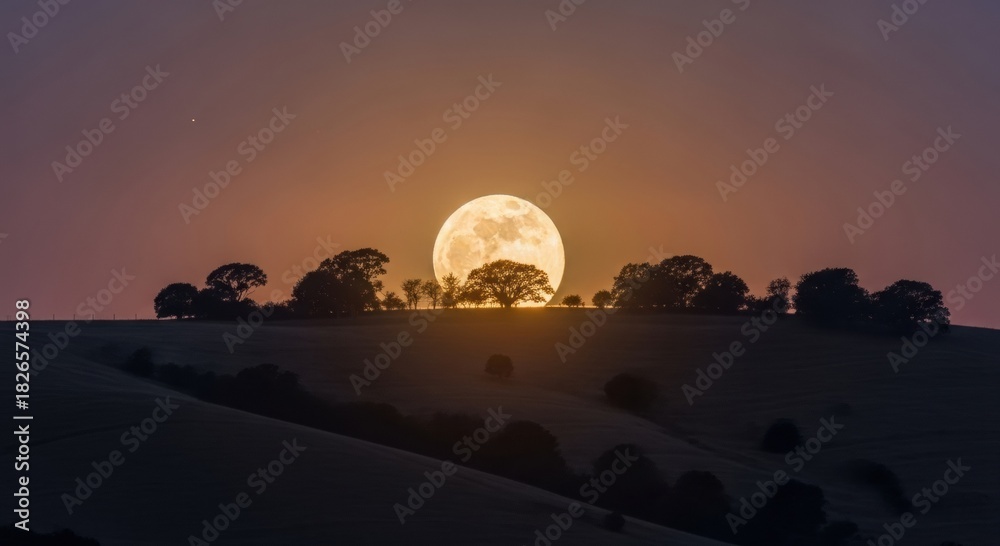 Fototapeta premium A glowing full moon rising behind a tree-lined hill at dusk, creating a dramatic and serene landscape.
