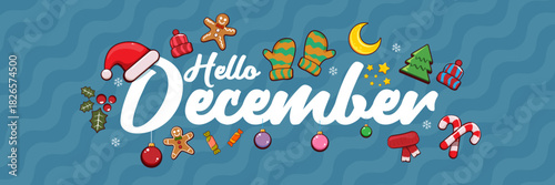 Hello December banner design template with santa hat, christmas tree, candy, hat, mittens, stars, gifts, balls, moon, gingerbread man, cookies. Hello December blue sticker on blue abstract background