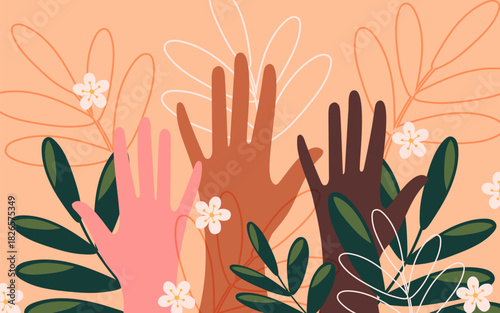 Volunteers, social workers, men and women united in the fight for equality in a multi-ethnic society. Vector.