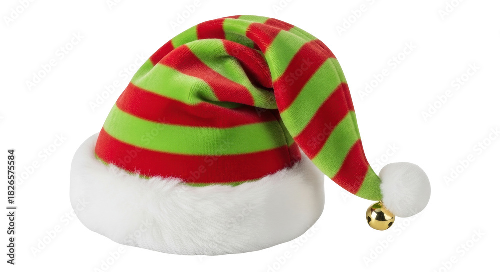 Fototapeta premium Isolated Christmas striped elf hat with jingle bell and white fur trim decoration closeup