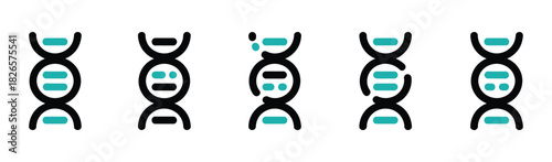 DNA icons set, featuring DNA structure molecule icons, chromosome symbols, and vector molecular illustrations