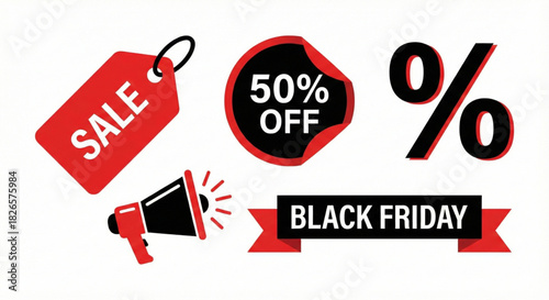 Red and black promotional design elements for retail sales, discounts, and special offers