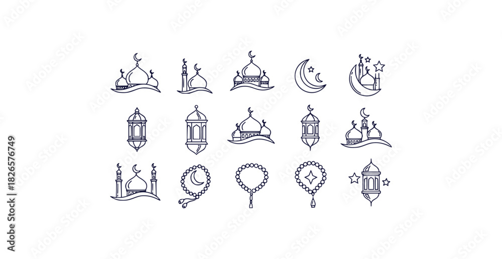 Obraz premium Decorative line art icon set featuring ramadan symbols mosque domes crescent moon lanterns prayer beads and stars