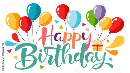 Happy birthday celebration with colorful balloons and confetti