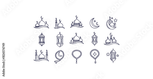 Decorative line art icon set featuring ramadan symbols mosque domes crescent moon lanterns prayer beads and stars