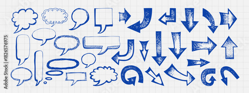 Blue pen crayon doodle arrows and bubbles, scribble set. Modern childish hand drawn naive emphasis elements. Vector isolated notebook illustration.