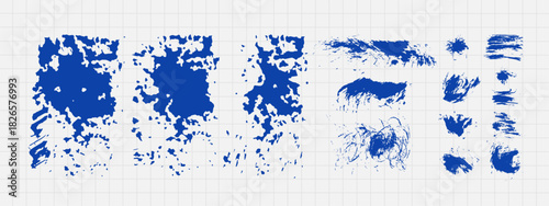 Abstract ink blob set, grunge art. Blue paint stroke texture set in scribble style. Hand drawn vector isolated illustration on notebook background