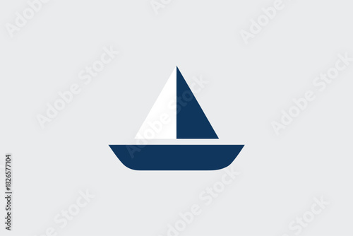 Sailboat Icon in Simple Flat Design with Navy Blue and White Colors on Light Gray Background for Web Graphics