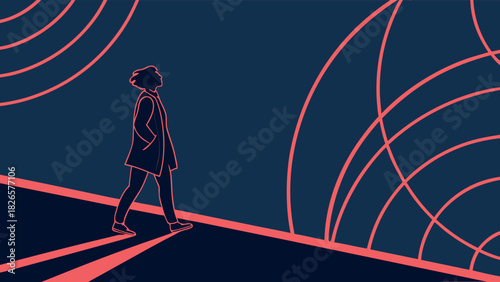 Outline Illustration of a Woman Walking on a Ramp with Geometric Abstract Background