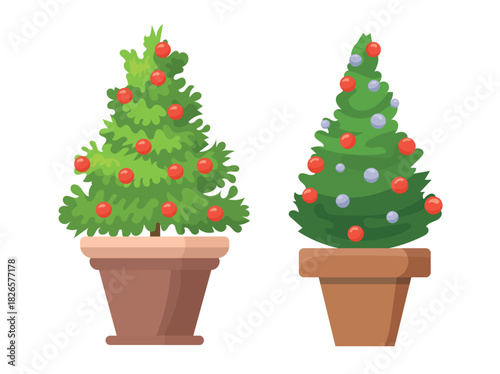 Christmas tree in a pot. Flat vector clipart illustration with isolated background.