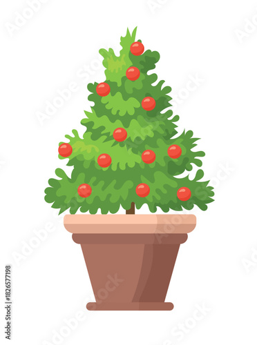 Christmas tree in a pot. Flat vector clipart illustration with isolated background.