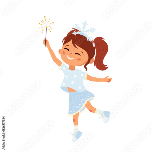 Adorable cartoon snowflake girl holding sparkler wand, dancing with joy Magical winter character for kids greeting cards, festive posters, Christmas party invitations. Holiday flat vector illustration
