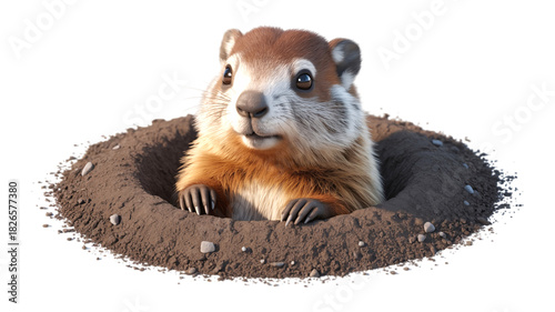 Cute groundhog emerging from burrow isolated on transparent background
