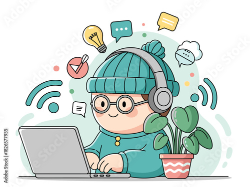 A cheerful young adult works on a laptop with headphones, surrounded by creative icons. Modern, bright, and inviting workspace. Perfect for remote work and digital content.