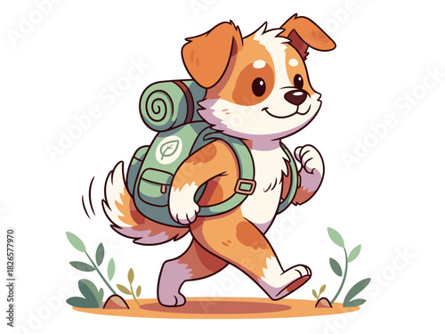 A cute, adventurous puppy with a backpack hikes through a lush green landscape. Bright, cheerful illustration perfect for children's content.