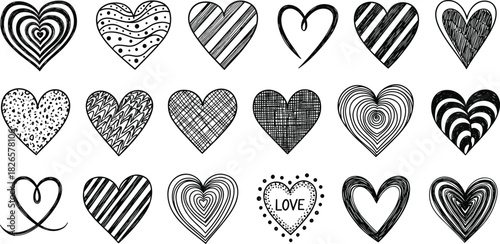 Hand-drawn heart illustration set, black and white love icons, abstract romantic vector patterns, artistic emotion design bundle