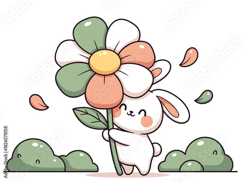 cute bunny lovingly holds a large flower set against a grassy backdrop Soft colors and a charming illustration style create a heartwarming and visually appealing scen