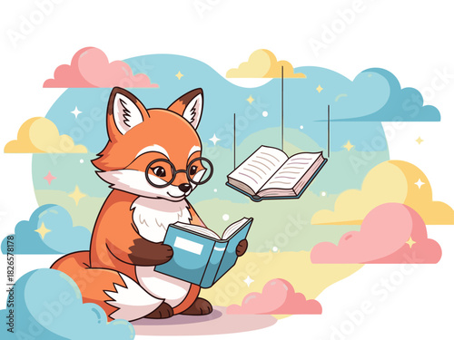 A cute fox with glasses reads a book, floating amongst pastel clouds. The whimsical illustration promotes stories and healing. Bright, cheerful, and inviting.