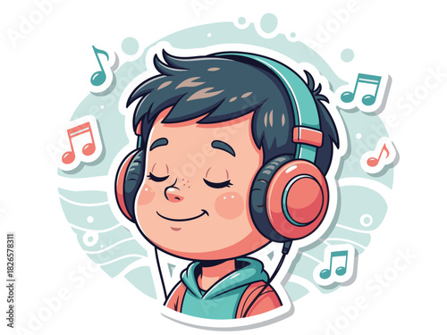 A happy young boy listens to music with headphones, radiating positivity. Vibrant colors and a playful style create an engaging image perfect for lifestyle and music-related content.