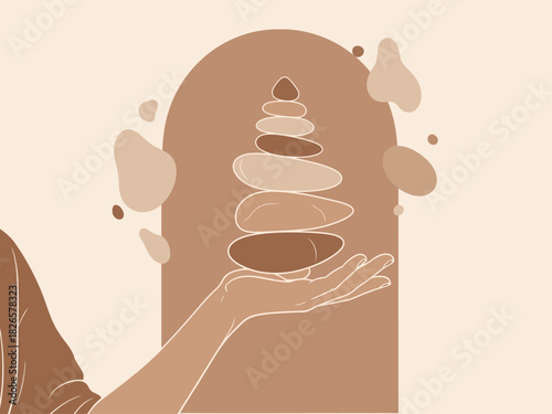 hand balances stones creating a serene minimalist composition Soft earthy tones and a subtle arch frame the image conveying balance and mindfulness -Find Your Balance- text adds a motivational touch