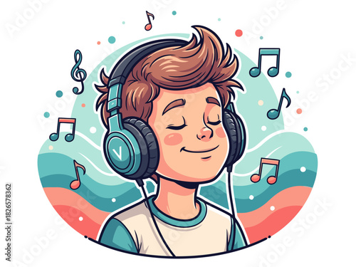 A happy young man listens to music with headphones, radiating joy. Vibrant colors and musical notes create a lively, positive vibe. Perfect for lifestyle and music-related content.