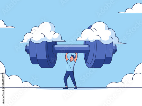 A man appears light as air, effortlessly lifting a massive dumbbell. A stylized, cloud-filled background creates a sense of weightlessness and strength. Modern illustration style.